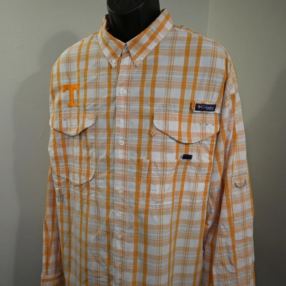 Columbia Vented Fishing Shirt Mens XXL Tennessee Vols Orange Plaid PFG Long